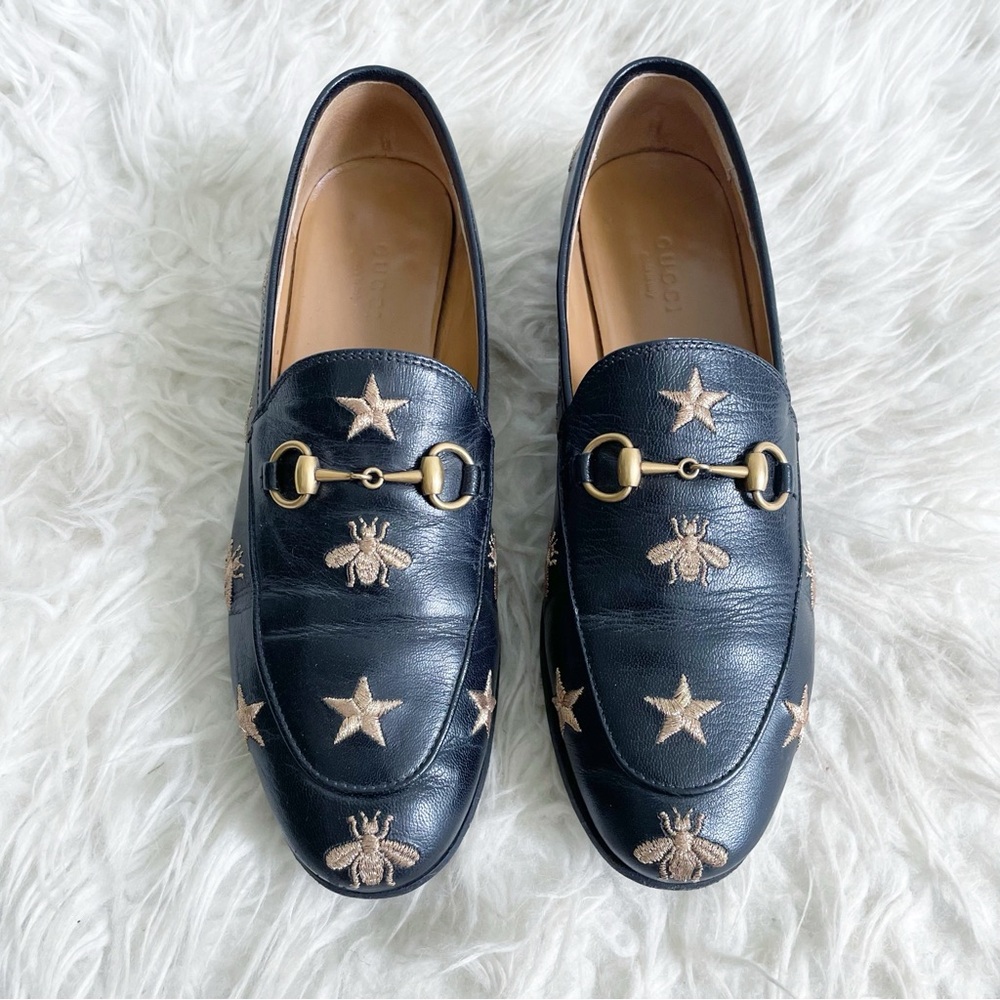 Gucci Jordaan Embroidered Leather Loafer Bee Star
Black Gold Horsebit Size 37.5